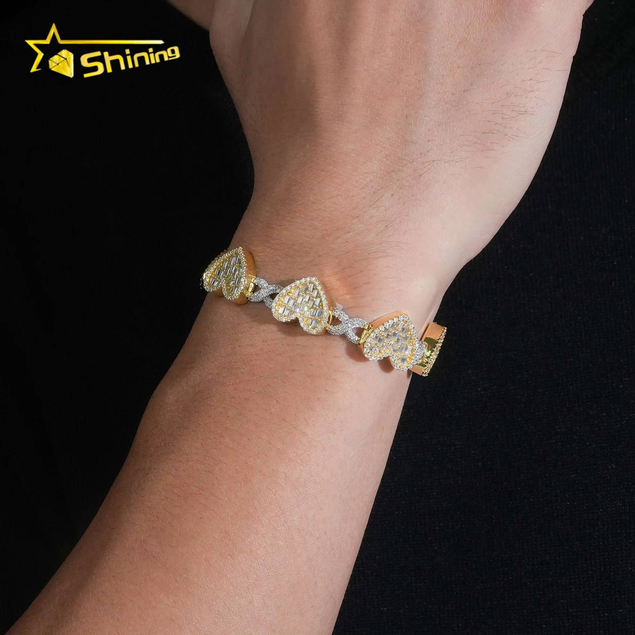 Bling Jewelry 925 Silver Hip Hop Two Tone 14mm Heart Iced Out GRA Certified Moissanite Bracelet