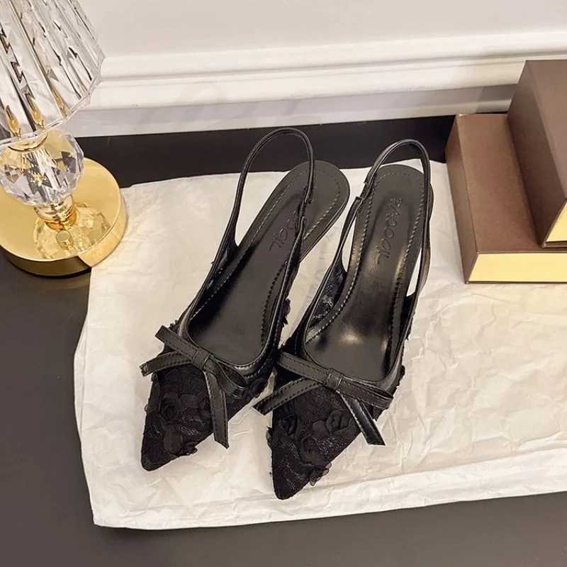 Fancy Floral Lace Slingback Sandals Woman Brand Design Pointed Toe Slip Sandalias Ladies Elegant Low Heel Bowknot Dress ShoeXJ251027