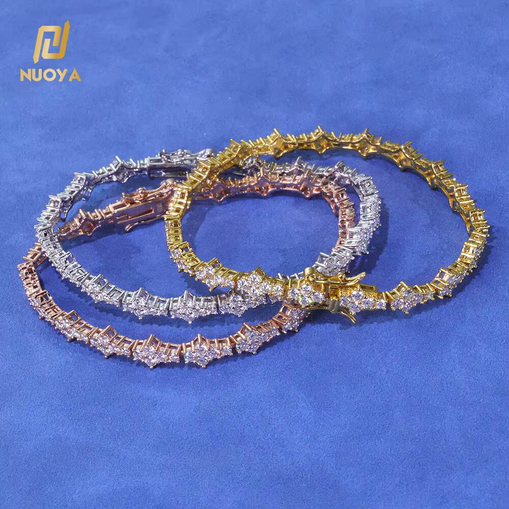 NUOYA Hiphop Jewelry Iced Out VVS Diamond Flower Shape Tennis Chain 925 Sterling Silver Moissanite Tennis Chain Womens Bracelet