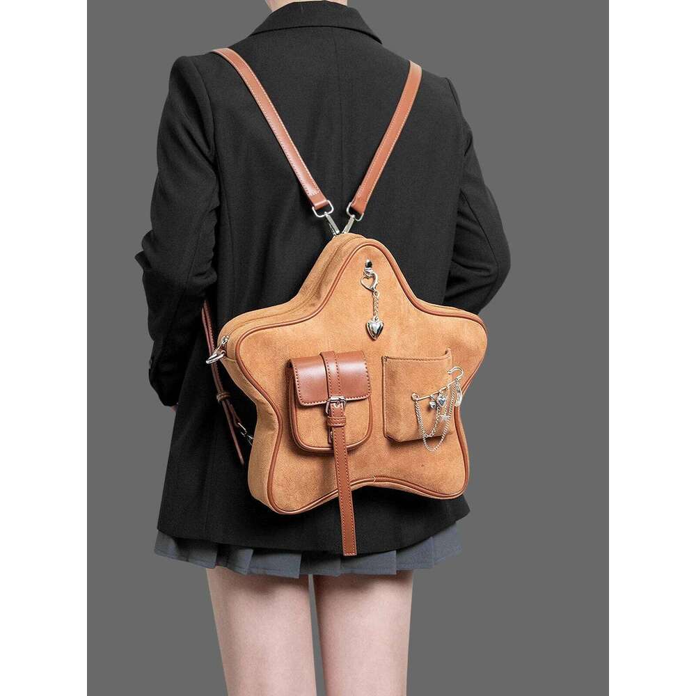 Original Retro Brown Pentagram Pendant Brooch Decoration Multi-Pocket Double Shoulder Messenger Bag Casual Backpack