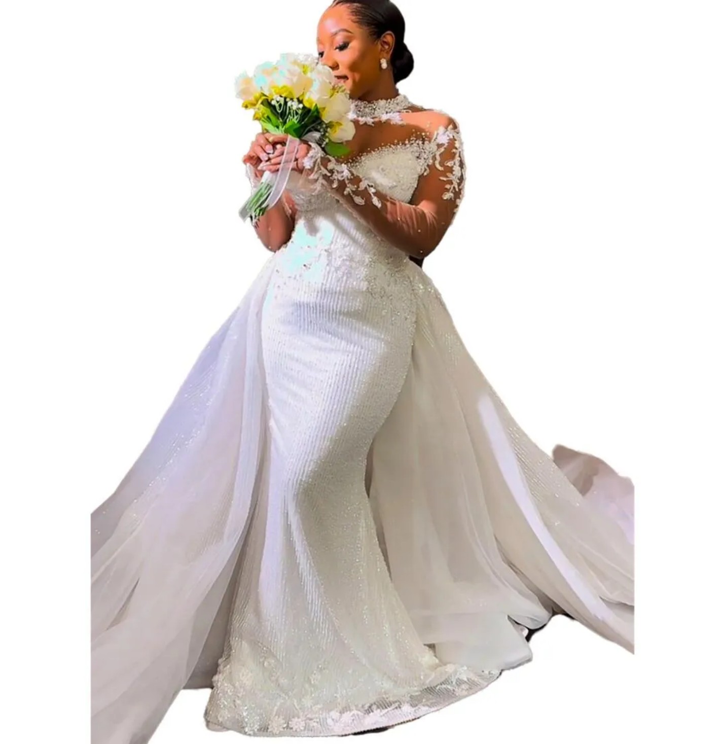 Arabic Aso Ebi Plus Size Wedding Dress in White with Florals Lace Beaded Sheer Neck and Sequined Detail