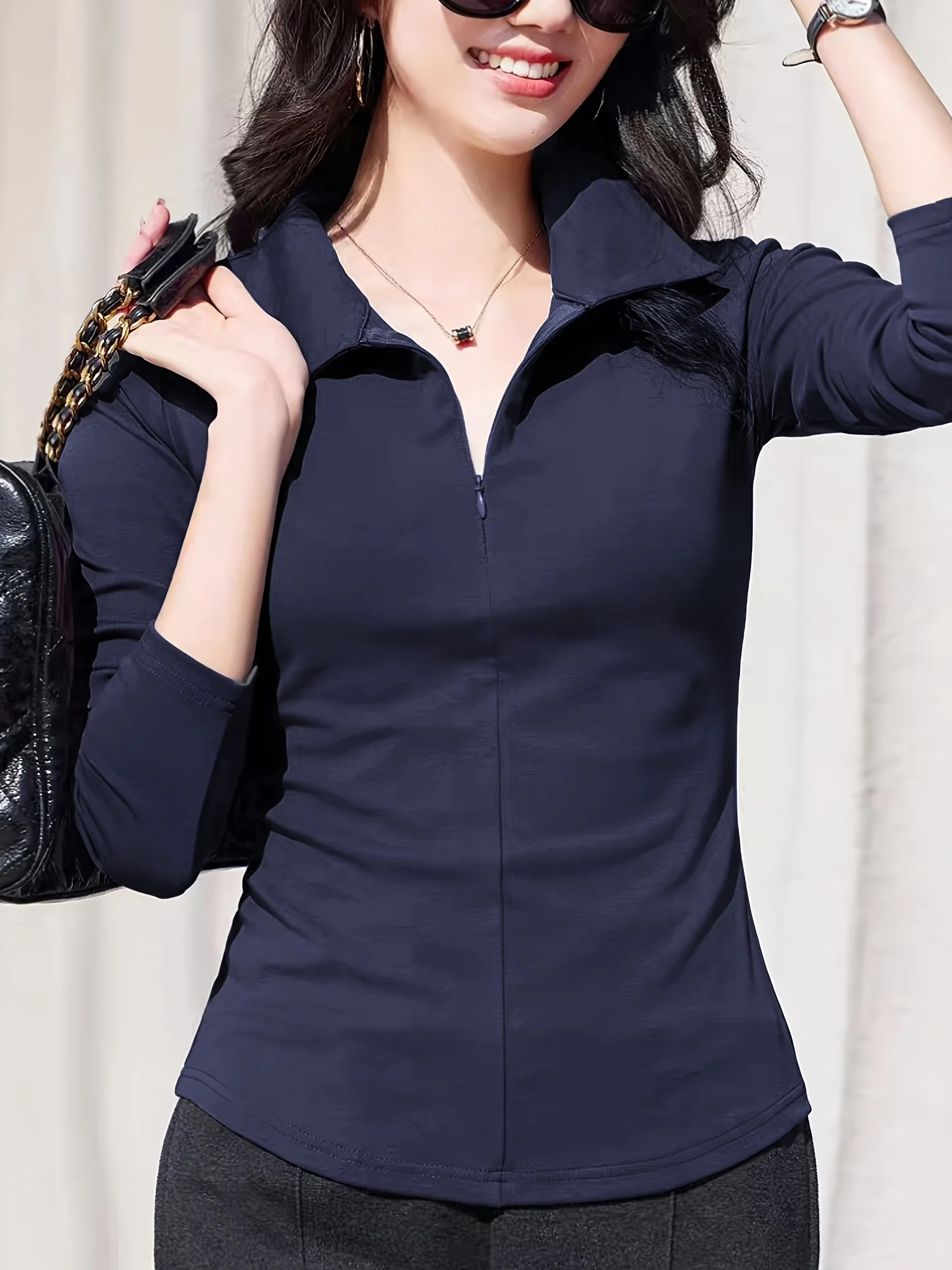 Womens solid color half zipper fashion and leisure long sleeve POLO shirt can be machine washed and dry cleaned 251027