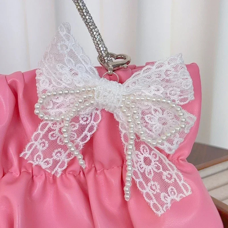 Korean Cute Lace Bow Pearl Beaded Phone Pendant Chain Accessories Aesthetic Ballet Shoes Camera Bag Decoration Keychain Gift 251021