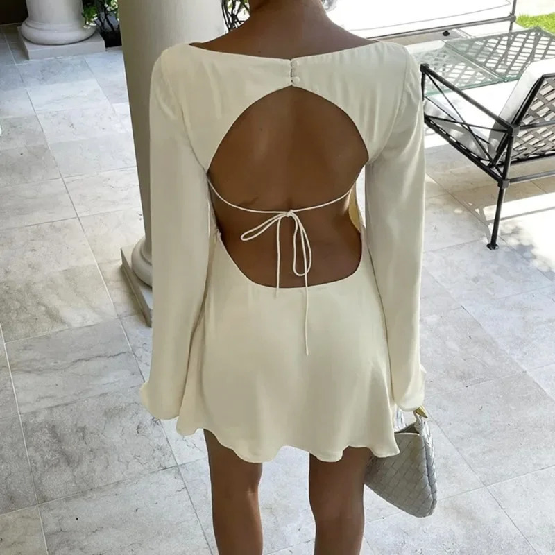 Tuularose Satin Backless Dress Womens Sexy Hollow Lace Up Long Sleeve ALine Short Dress Elegant Swing Neck Party Evening Dress 251027