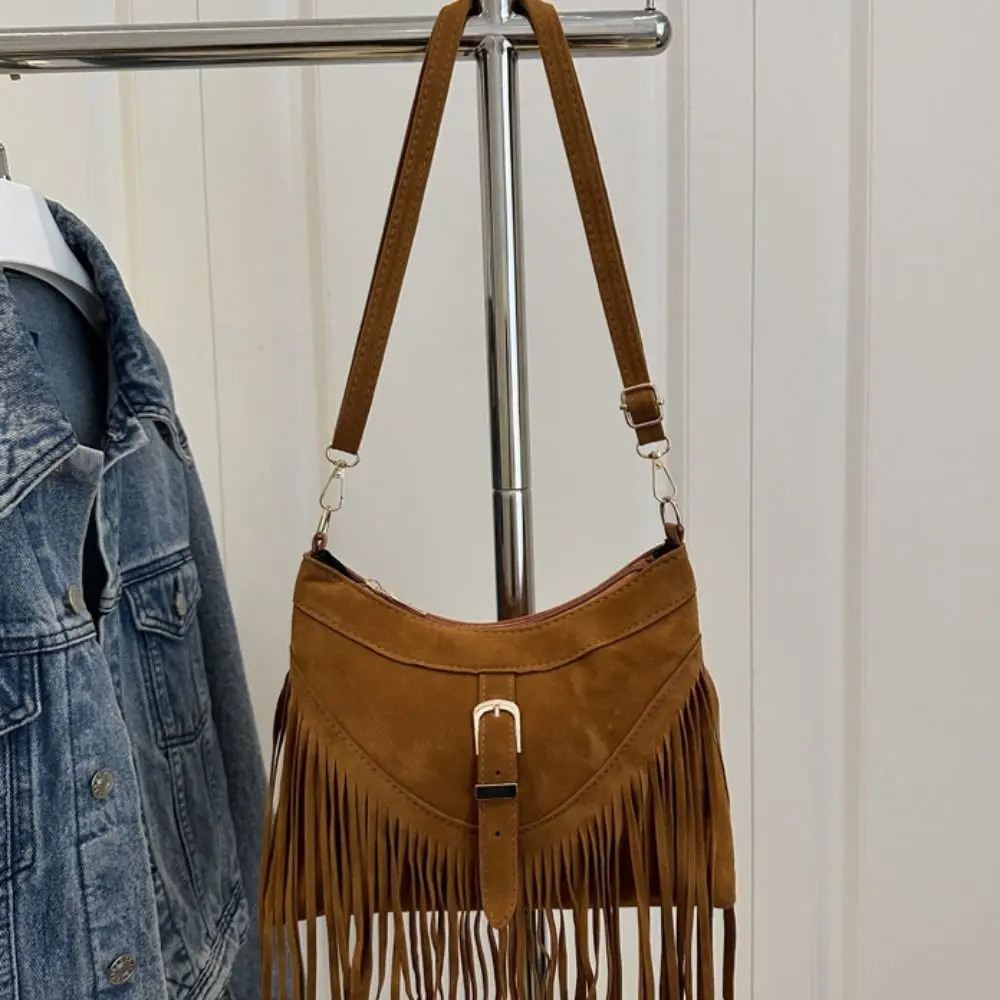 Casual Korean Style Tassel Shoulder Bag Solid Color PU Leather Suede Handbag Ethnic Style Bohemian Style Underarm Packs Travel 251027