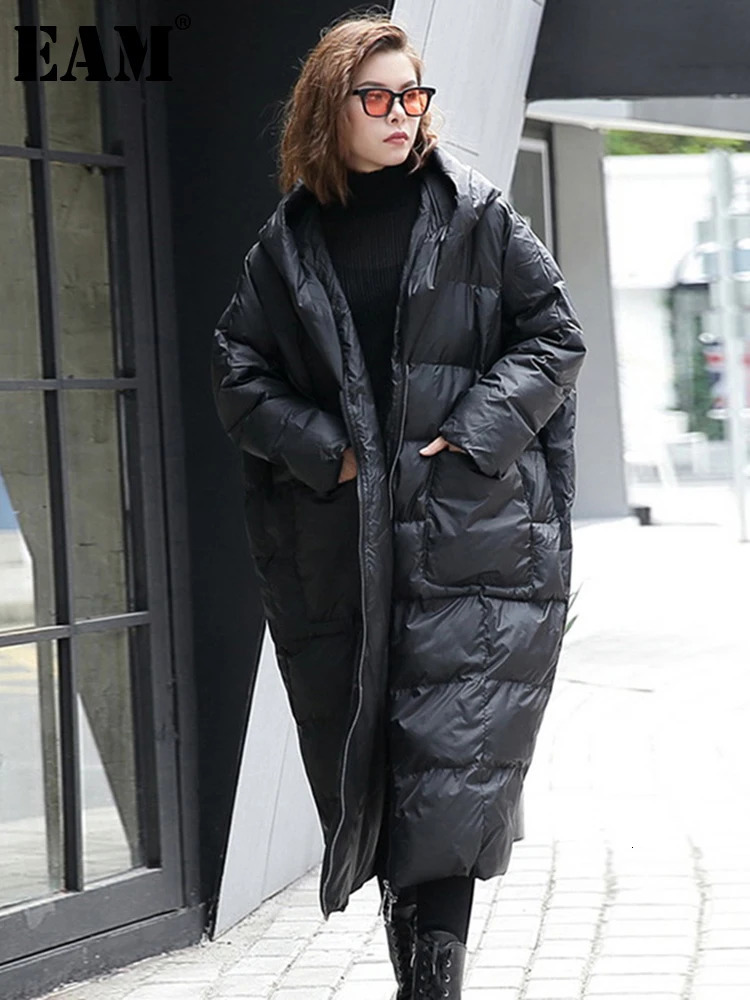 EAM Winter Loose Parkas Hooded Long Sleeve Black Cottonpadded Warm Big Size Jacket Women Fashion JD12101 251027