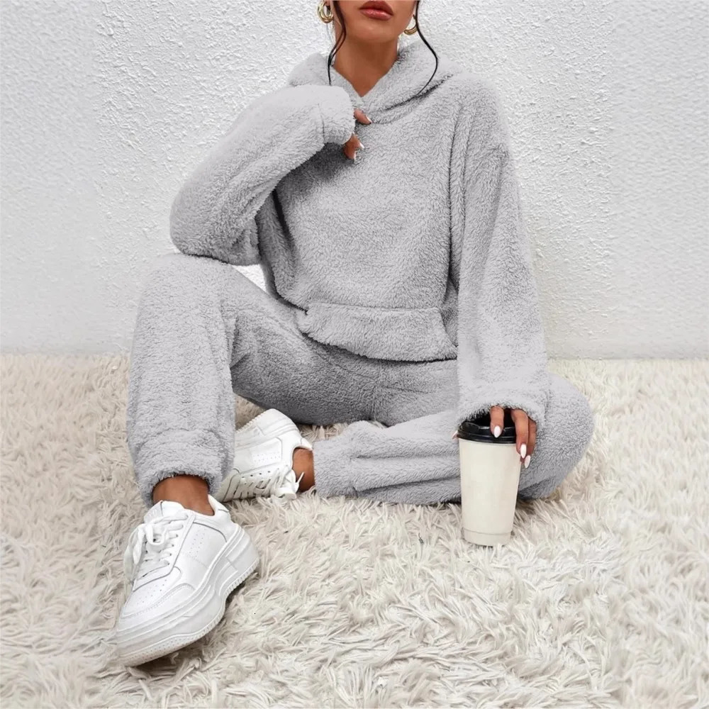 Autumn Winter Plush Hooded Sweatshirt Trousers 2 Piece Set Womens Fashion Pocket Warm Casual Home Clothing Hoodie Suit 251027