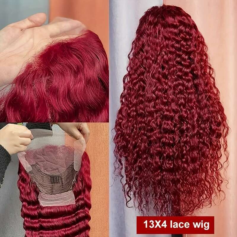 99J# Front 99J Hd Human Hair Wine Red Colored Wave Wig Women 99J Deep 13X4 Lace Frontal Wigs Work, Parties, Vacations, Daily Life For School Start