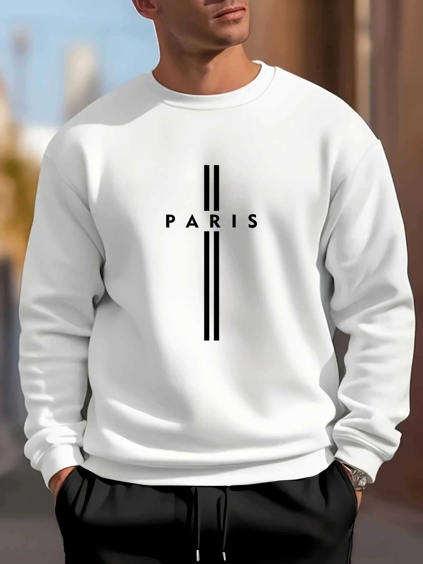 Mens autumn and winter fashionable casual loose Paris letter print fleece pullover long sleeved round neck sweatshirt W251027