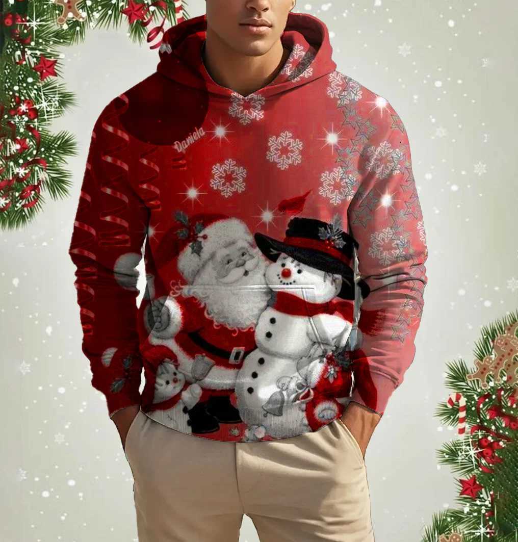 Mens Christmas Reindeer Print Hoodie Animal Cartoon Pattern Sweatshirt Casual Cute Polyester Spandex Blended Hooded Sweatshirt W251027