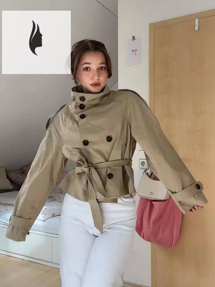 winter jacket women Chic Belt Short Trench Coat Women Stand Collar Double Breasted Pocket Long Sleeve Coats 2025 Autumn Lady Commute Outwear