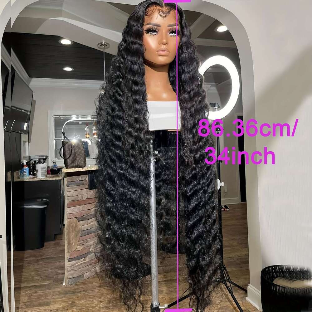 200% Density Frontal Long Deep Wig Synthetic Heat Resistant Fiber Hair Premium Curly Natural Black 13*4 Hairpiece For Women With HD Transparent Lace W