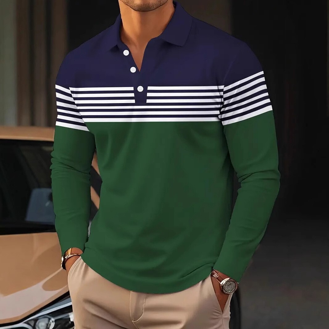 Breathable Thin Casual 25 Classic Men's 3D Digital Print Button Long Sleeve Polo Shirt Striped Basic Hong Kong Style Long Sleeve Top