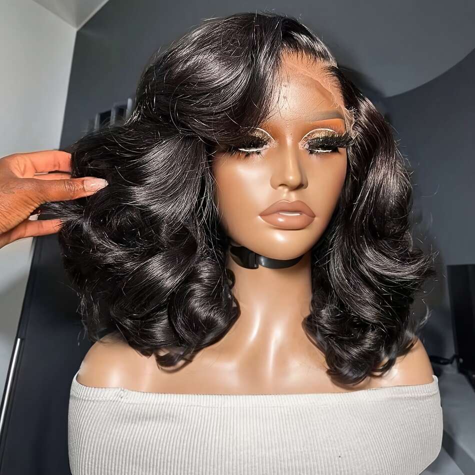 Glueless Short Bob Lace Frontal Brazilian Virgin Human - Body Wave 180% Density Pre-Plucked With Hair, Natural Color For Women & Men, All Ethnicities,