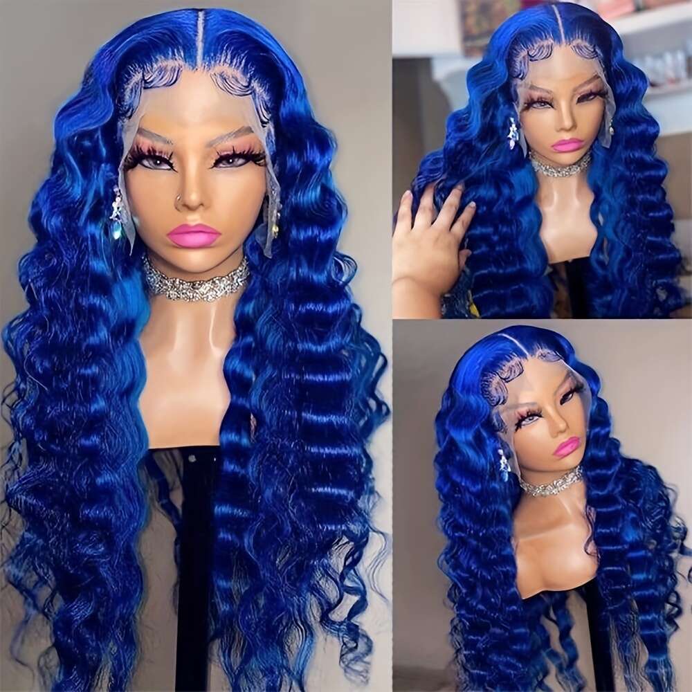 Stunning Dark Blue Loose Curly Front Wig For Women - Pre-Plucked, Glueless, Heat Resistant Synthetic Hair, 180% Density, 13*4*1 Lace Coverage, Versati