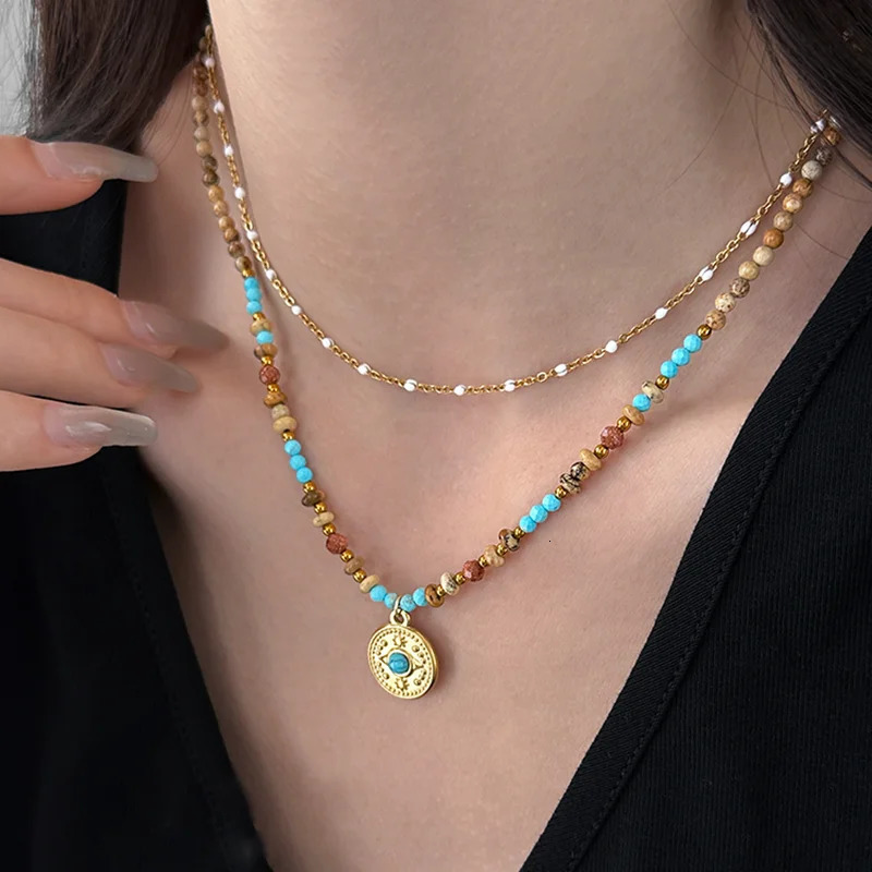 Gold Color Stainless steel Chain Bead Round Pendant Doublelayer Necklace For Women Trendy Jewelry Christmas Fashion Accessories 251020