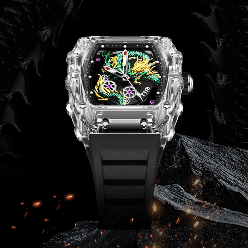Designer Watch Men's Watch Dragon Embossed Luxury High-end Transparent Barrel Hollow Quartz Watch