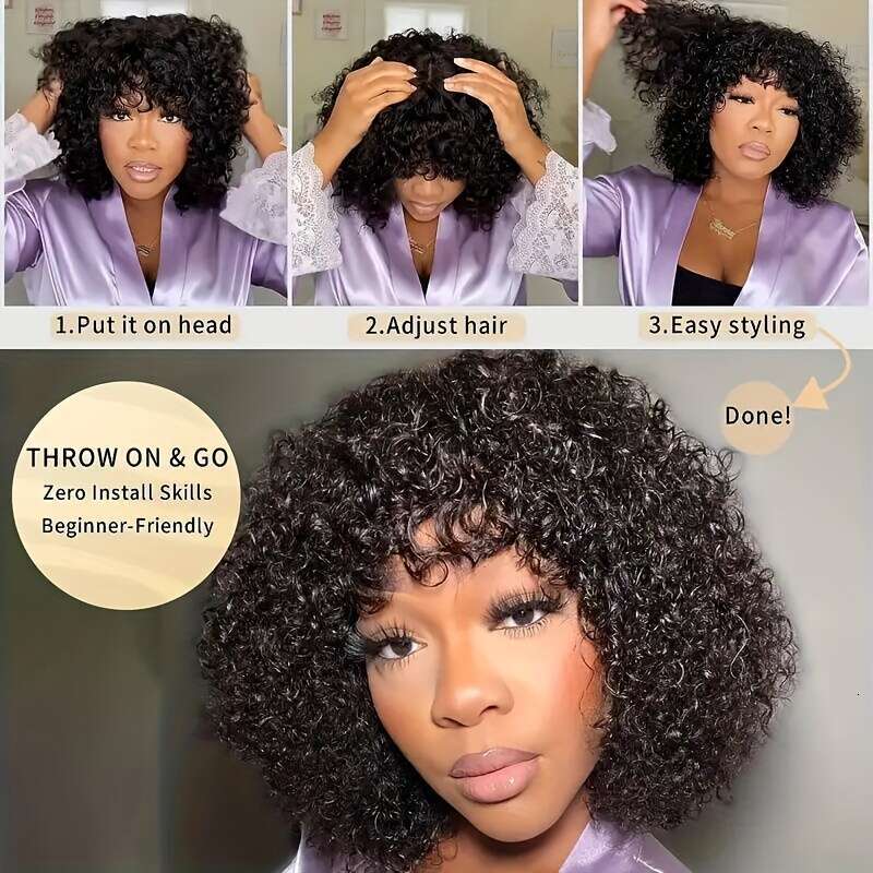 Chic Kinky Curly Bob With Bangs Women - 180% Density, HD Lace Front, Glueless Human Hair, Natural Black Color, Versatile Style For All Ethnicities, Ha