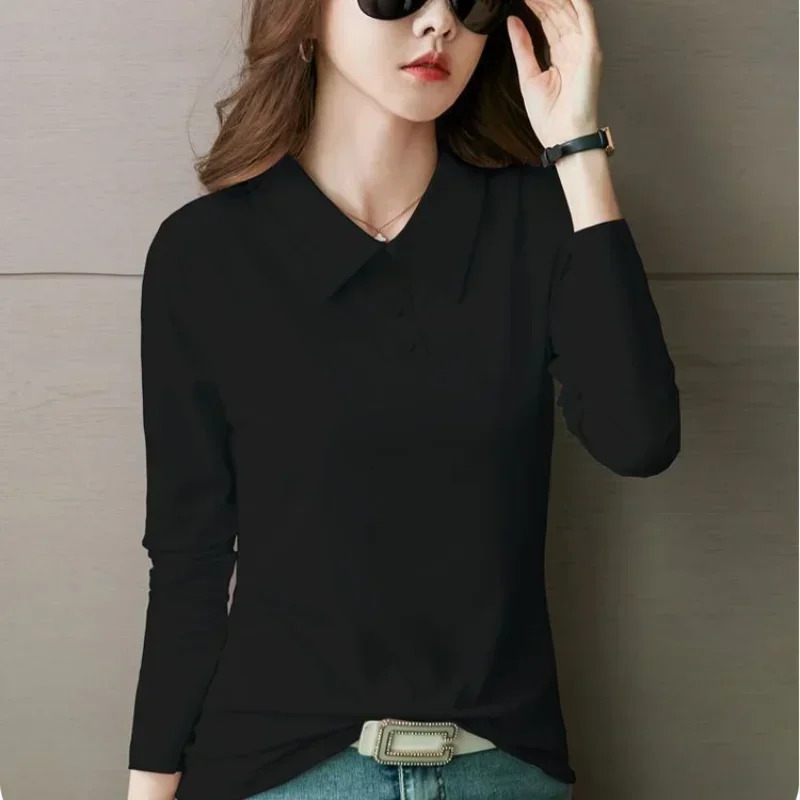 High Quality Tshirts 100 Cotton Female Tee Long Sleeve With Collar Korean Clothes Basic Pretty Original Womens Polo 251027