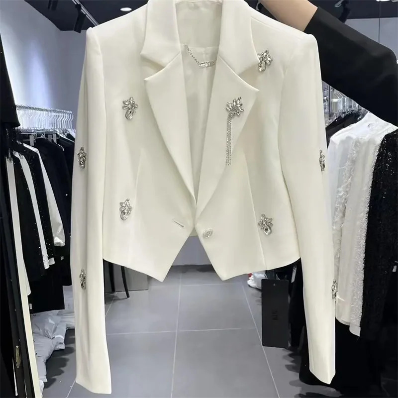 Spring Women Long Sleeve Suit Short Coat n Sense Heavy Industry Diamond studded Beads Wide Shoulders Irregular 251027