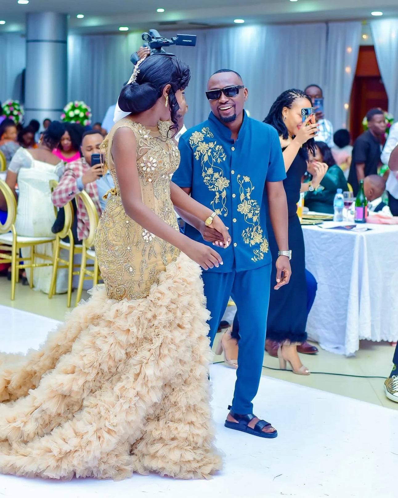 Arabic Aso Ebi Plus Size Mermaid Wedding Dress in Gold with Beaded Crystals Luxurious Tulle