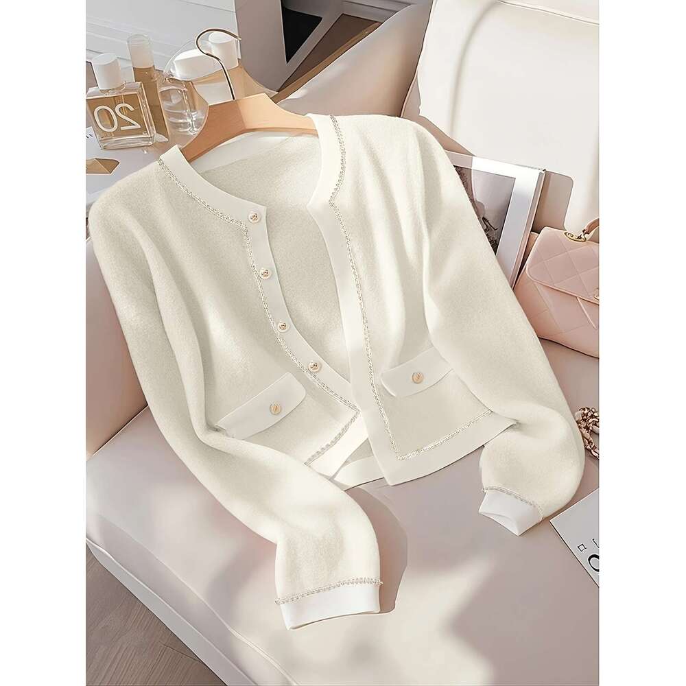 Women's Cardigan Pink Small Wind Round Neck Color-Block Cardigan Women's Fashion Versatile Autumn Top Jacket