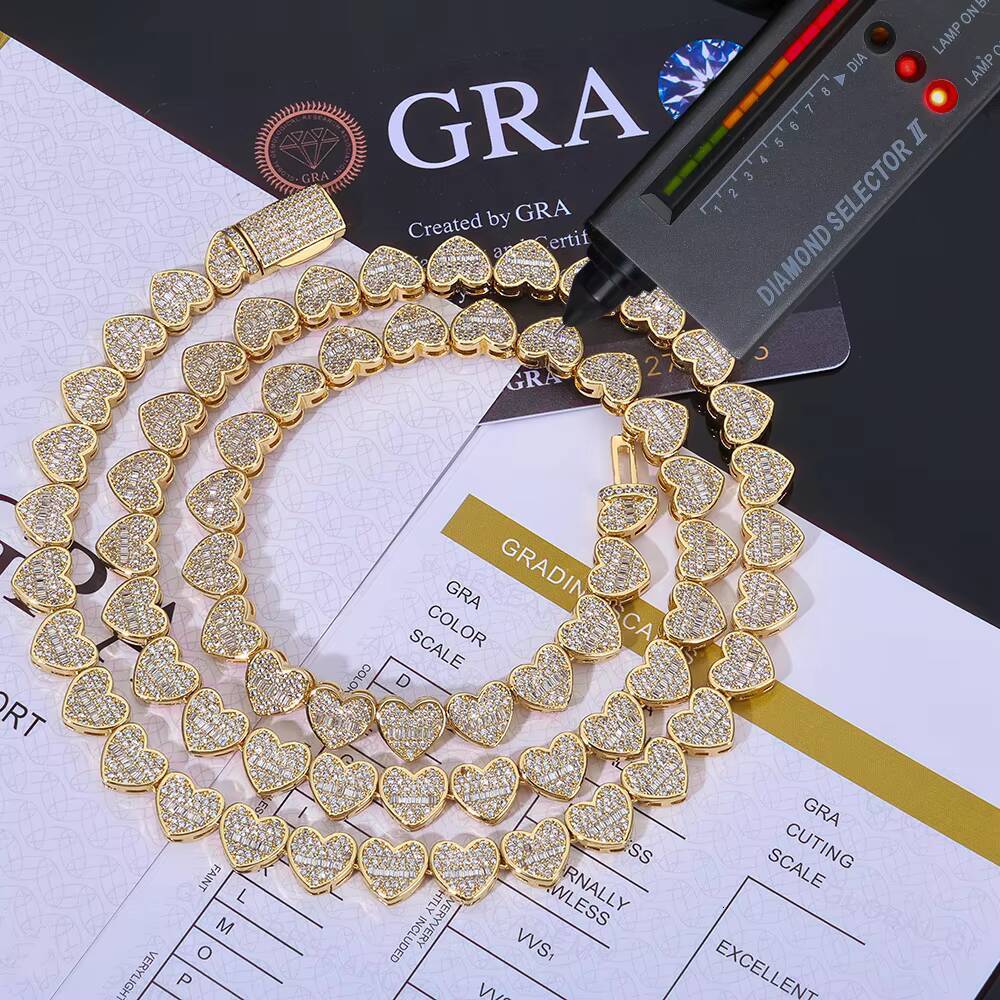 NUOYA 8mm Mixed Inlay Iced Out Baguette Heart Tennis Chain 925 Silver VVS Moissanite Necklace Hip Hop Womens Fine Jewelry