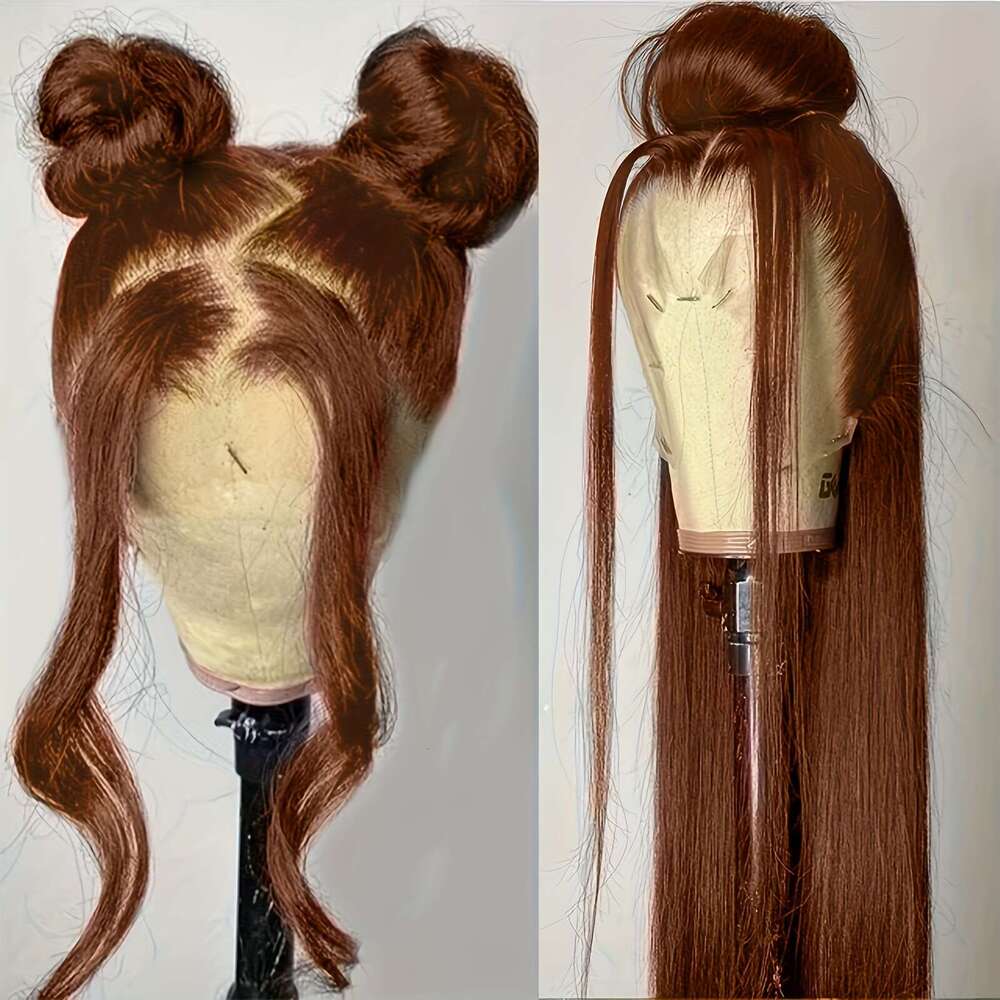 3X6 Glueless Lace Wigs Synthetic Heat Resistant Fiber Hair With Soft Hairline For Women Reddish Brown Color Long Silk Straight Wig