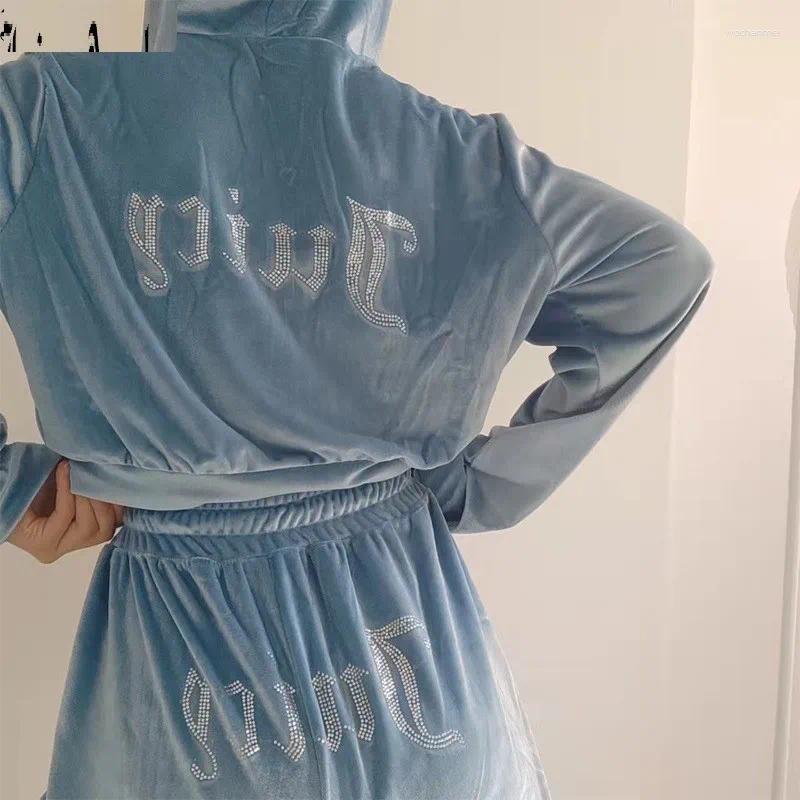 Women's Two Piece Pants Personalized Velvet Hooded Rhinestone Long Sleeved Top Elastic Waist Wide Leg Autumn Winter Womens Fashionable C260312