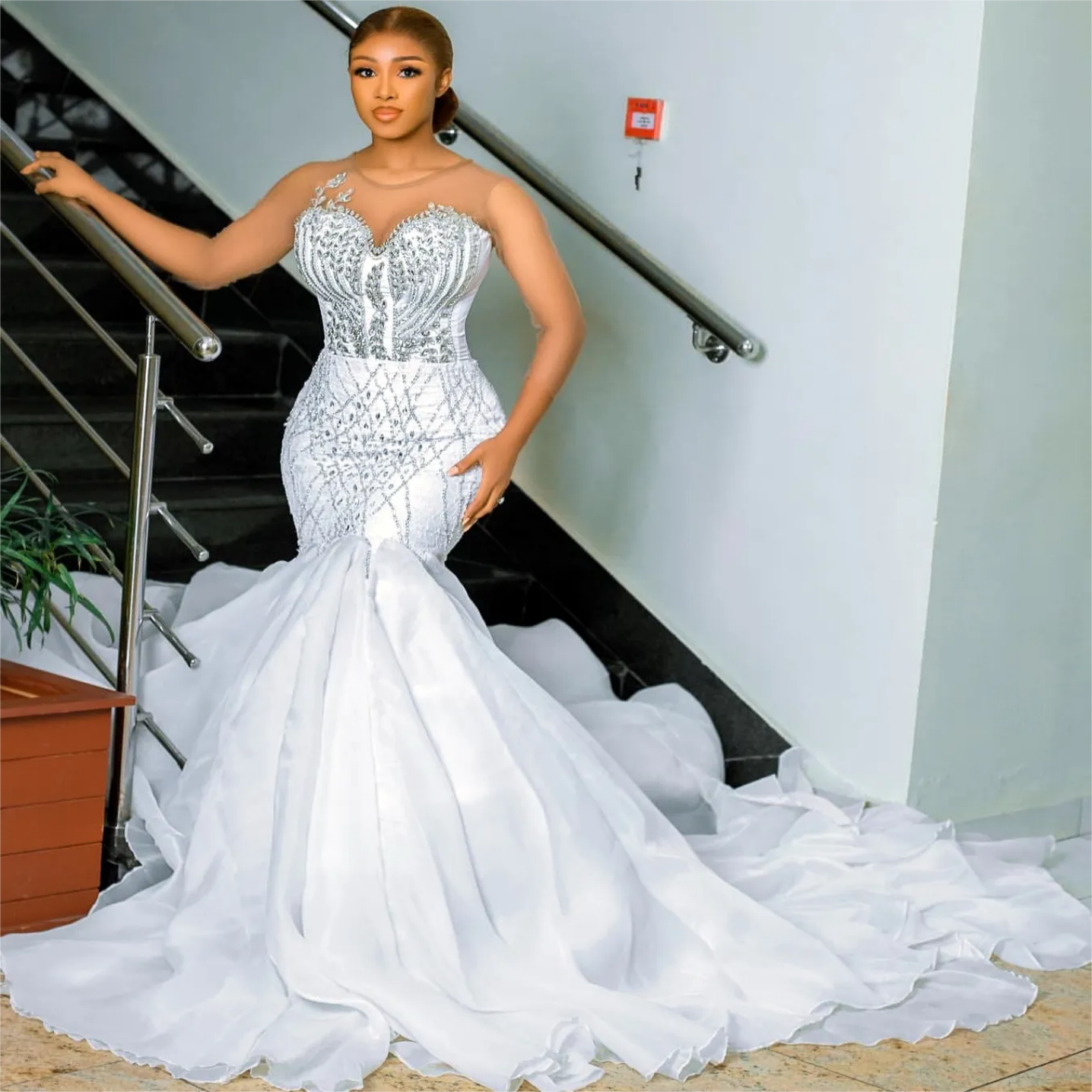 Arabic Aso Ebi Plus Size Mermaid Wedding Dress in Ivory with Full Sleeves Crystals Beaded and Organza Fabric For Bride