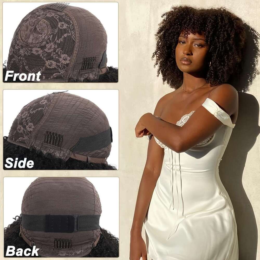 180% Density Brazilian Virgin Human Afro Kinky Curly Wig With Bangs - Hine-Made Scalp Top, 14-20 Inch Lengths, Natural Black For & All Ethnicities, El