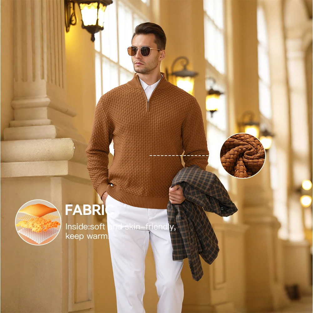 Mens Sweater Spring Outer Wear Quarter Zip Sweaters Polo Pullover Cable Knit Mock Neck Turtleneck Top US Size 251016