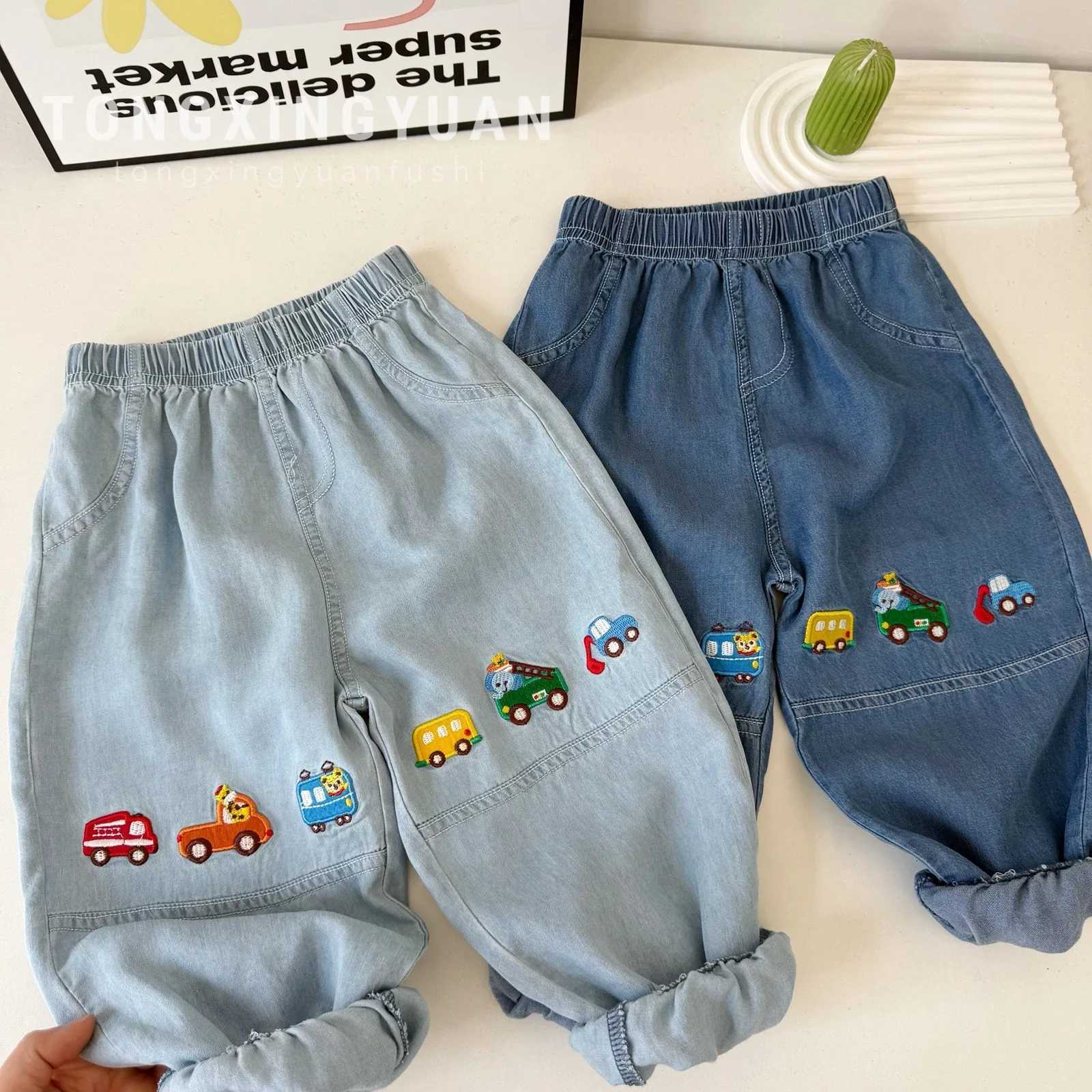 Toddler Boys Early Autumn Pants Fashion Cartoon Car Embroidery Baby Boys Denim Pants Elastic Waist Kids Baby Boys Harem PantsT251027