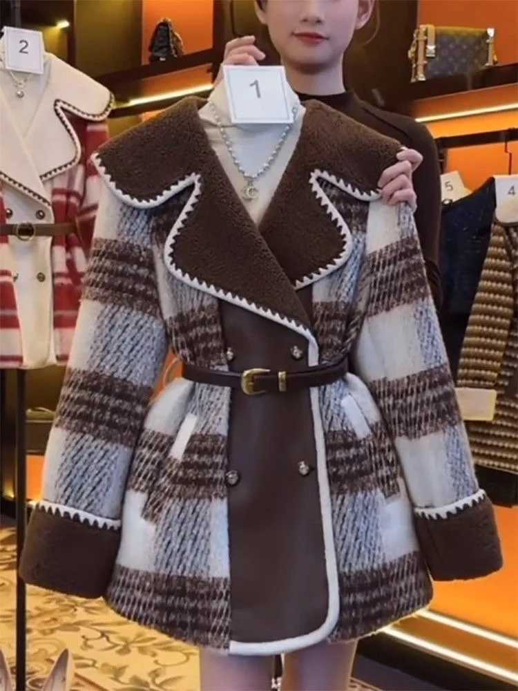 Cotton Padded Lined Plaid Woolen Coats Spliced Korean Fashion Elegant Woolen Jackets Abrigos Tops Vintage Women Veste Outerwears M251027