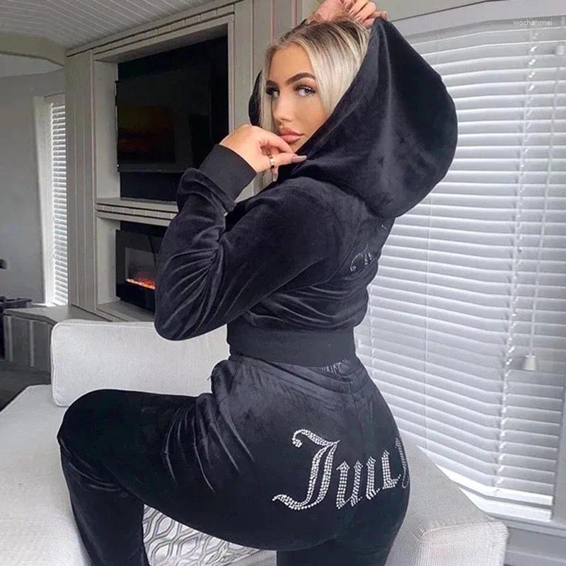 Women's Two Piece Pants Personalized Velvet Hooded Rhinestone Long Sleeved Top Elastic Waist Wide Leg Autumn Winter Womens Fashionable C260312