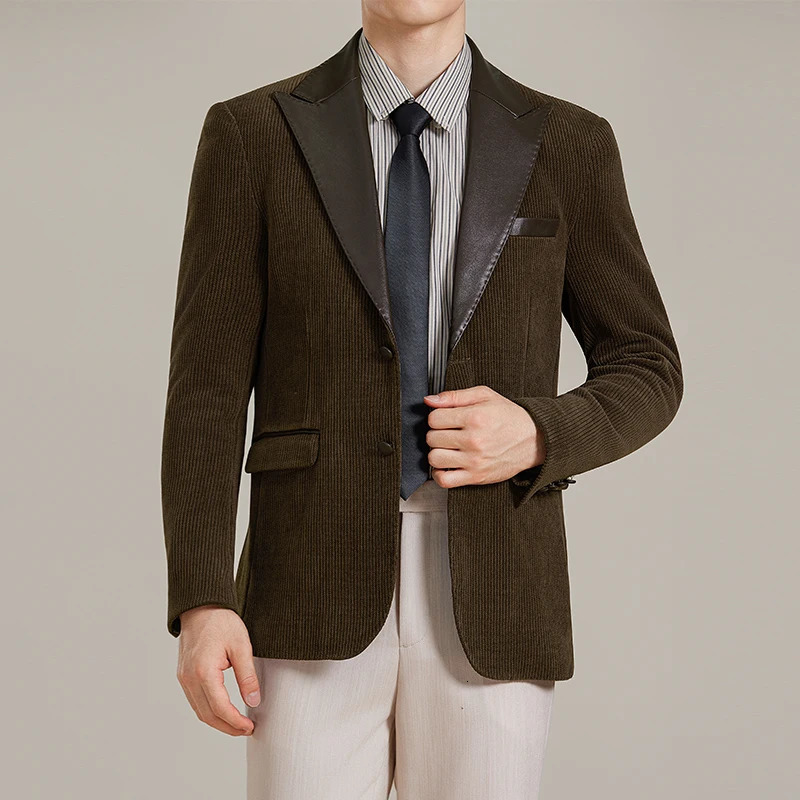 Autumn Winter Chenille Velvet PU Splicing Casual Suit Jacket Men Business Formal Suit Coat Banquet Party Wedding Blazers M5XL 251023