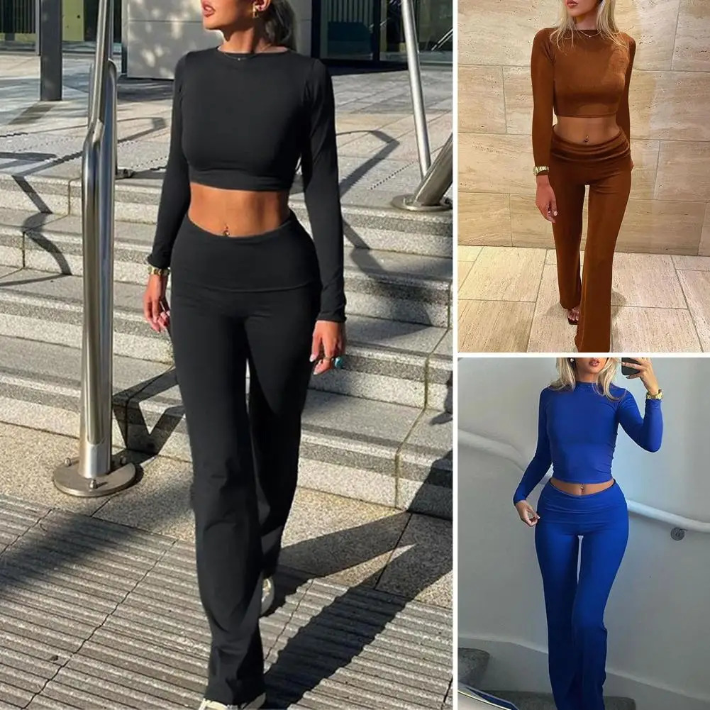 2 PcsSet Women Top Pants Set Long Sleeve Skinny High Waist Buttlifted Elastic Lady Tracksuit Tshirt Trousers Set 251027