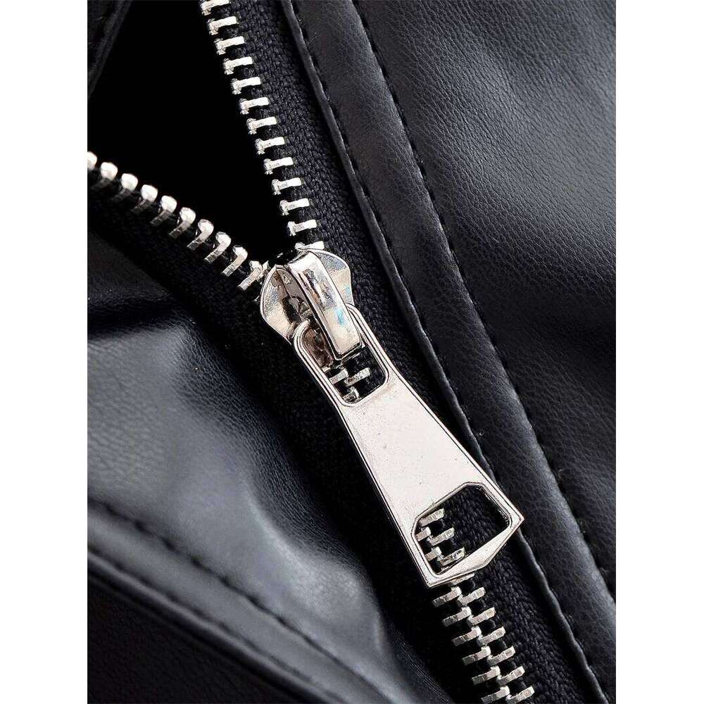 Women's 2025 Autumn New Arrival Black Long-Sleeve Faux Leather Short Trench Coat Motorcycle Style Fashionable And Unique