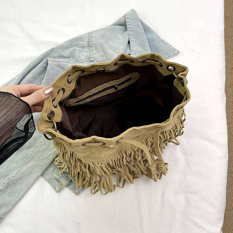 Designer Luxury Simple Retro Drawstring Bucket Fringed Bag Single Shoulder And Cross Body Handbag For Women