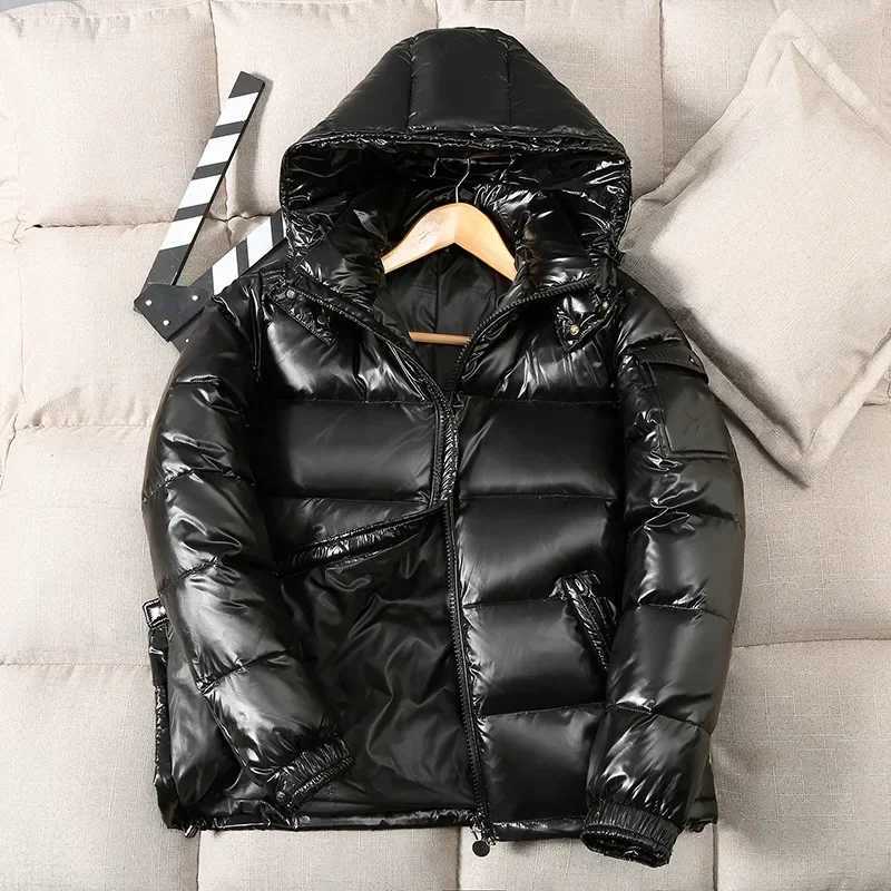 New Winter Bright Down Men Fashion Casual Parkas Coat Thick Warm Glossy White Duck Zipper Male Shiny Hooded Youth Women Jacket C251027