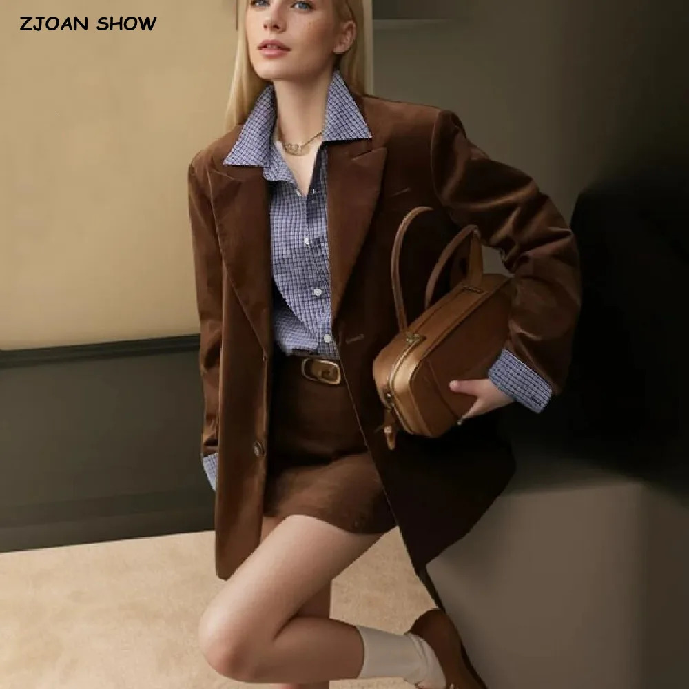 Maillard Style Coffee Notched Corduroy Blazer High Waist Front Slit Package Hips Skirt Suits 2 Pieces 1 Set 251023