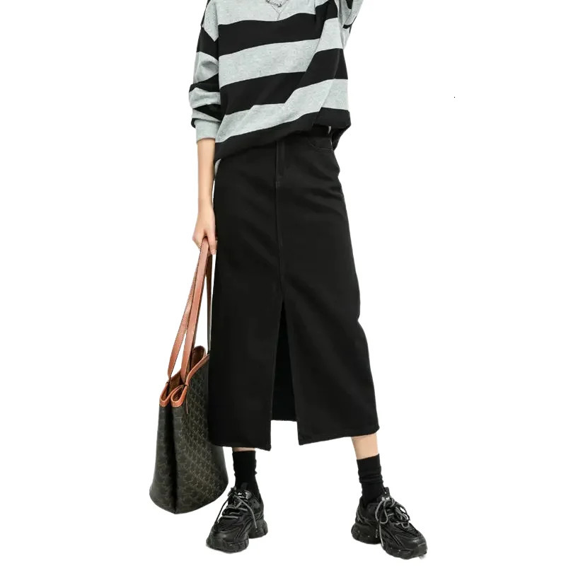 Split Denim Skirt for Women High Waisted Loose ALine Korean Elegant Black Skirts Spring Fashion Mid Length 251027