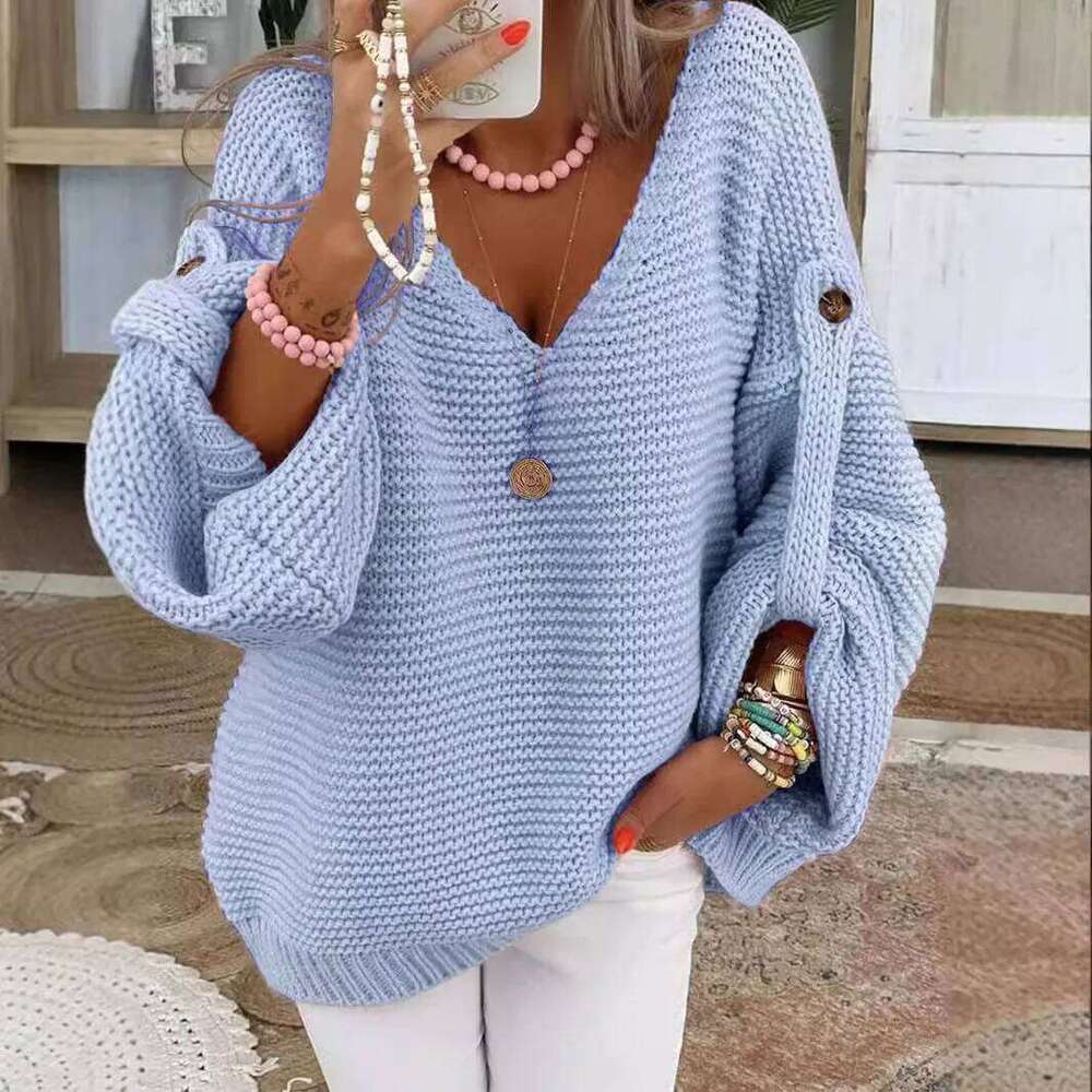 Casual Knitted V Neck Sweater Fall Winter Fashion Button Warm Commuter Jumper Elegant Solid Adjustable Long Sleeve Pullover Women Sweater Designer Swe