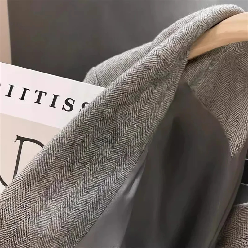 High Quality Grey Herringbone Women Woolen Blazers Coat Casual Top Office Wool Singlebreasted Suit Jacket Autumn Winter 251027
