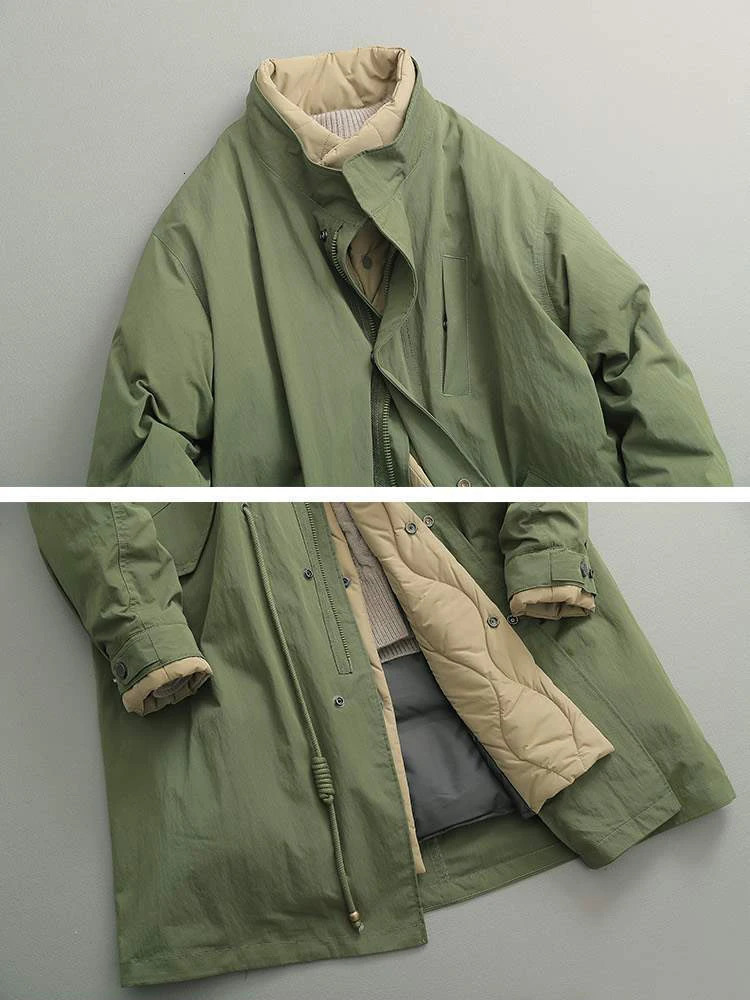 Cotton Padded Parka Army Green Vintage Two Piece Stand Collar Long Jacket Women Drawstring Big Pocket Coat 251027