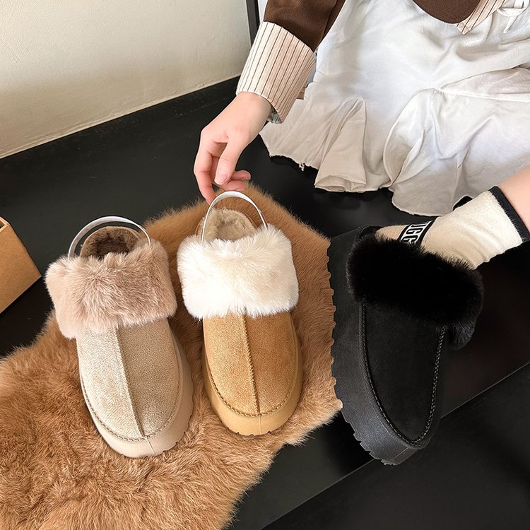 Free shipping, retro Baotou rubber-soled plush slippers, autumn and winter style, fashionable and classic, with a back strap, ladies' one-step co