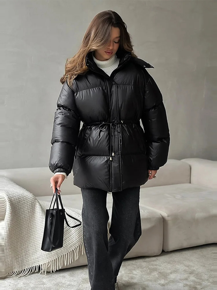 Elegant Cottonpadded Hoody Jacket Women Thicken Lace Up Full Sleeve Button Pockets Jackets Female Warm Winter Outwear 251023