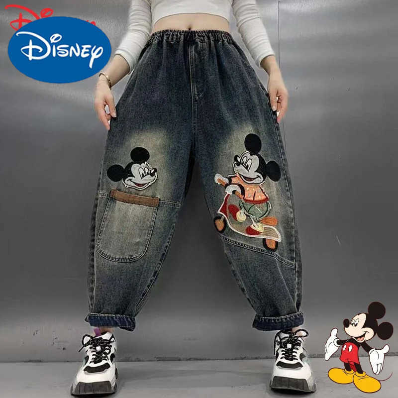 Disney Cartoon Mickey mens and womens new cute creative graphic print personality fashion loose and comfortable retro jeans H251027
