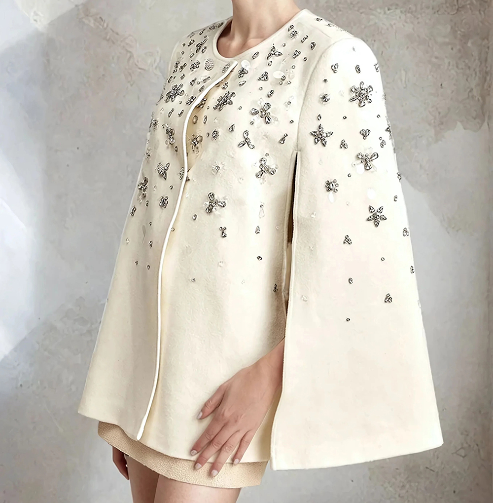 Fashion Crystal Woolen Coat For Women Warm Jewel Neck Single Breasted Jacket Only Blazer Custom Made