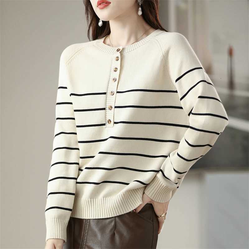 Womens LongSleeve Pullover Striped Sweater Pure Cotton Autumn Winter Warm Comfortable Casual KnitwearGH553T251027